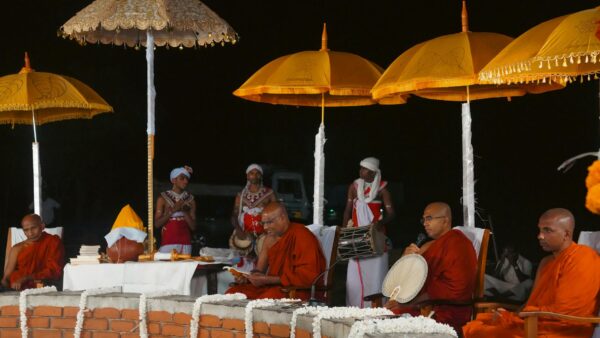 Senior Sri Lankan Buddhist monk in orange robes walks past a sacred fig tree at a temple, sri lanka monk suspended case